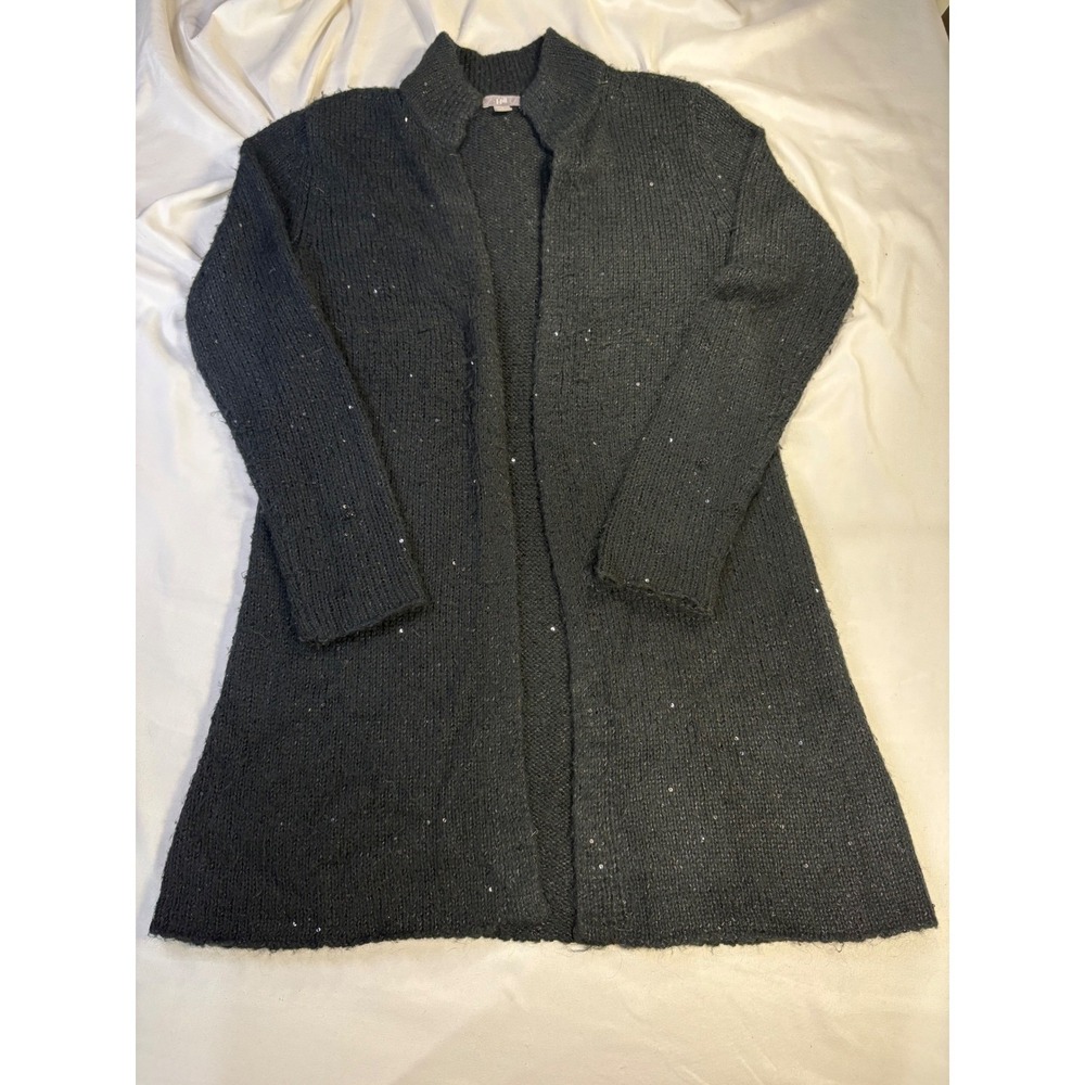 J Jill Black Sparkle Sequin Knit Long Open Front Cardigan Sweater Womens Size S
